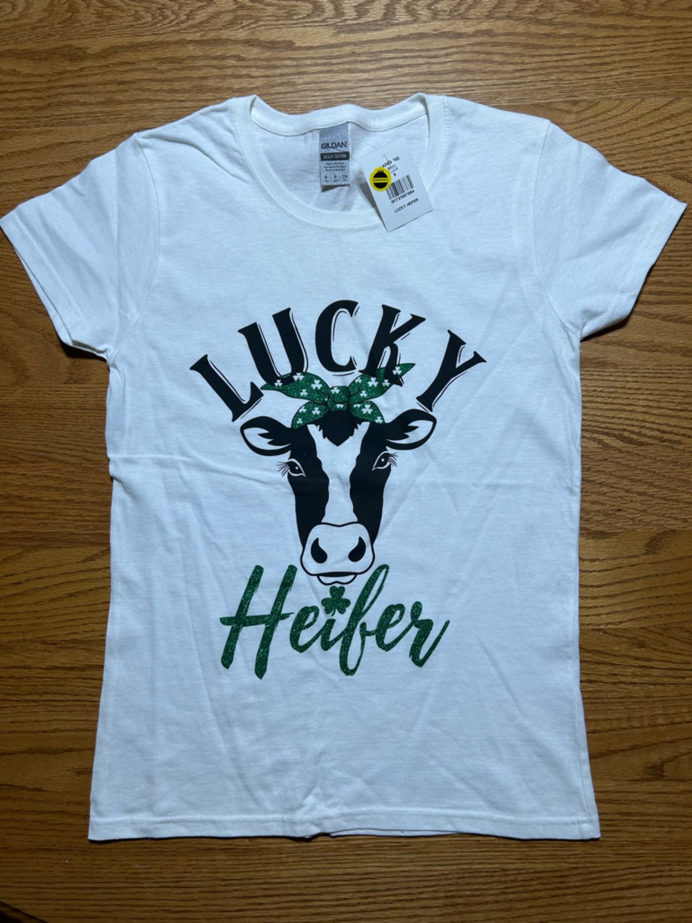 Women’s White Tee with Black Cow and Green Glitter NWT Size Small